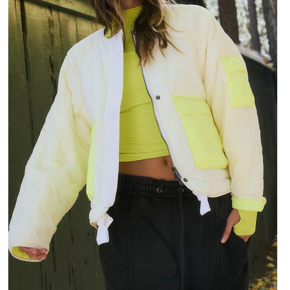 Free People Outta Left Field Ivory Neon Quilted Jacket Medium - Picture 1 of 5
